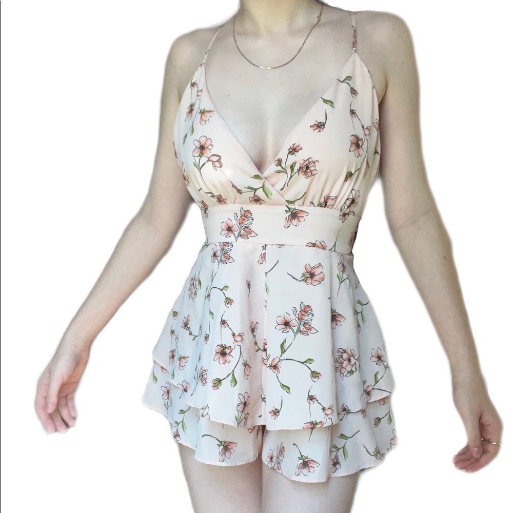 Baby Pink Floral Romper with adjustable cross back straps